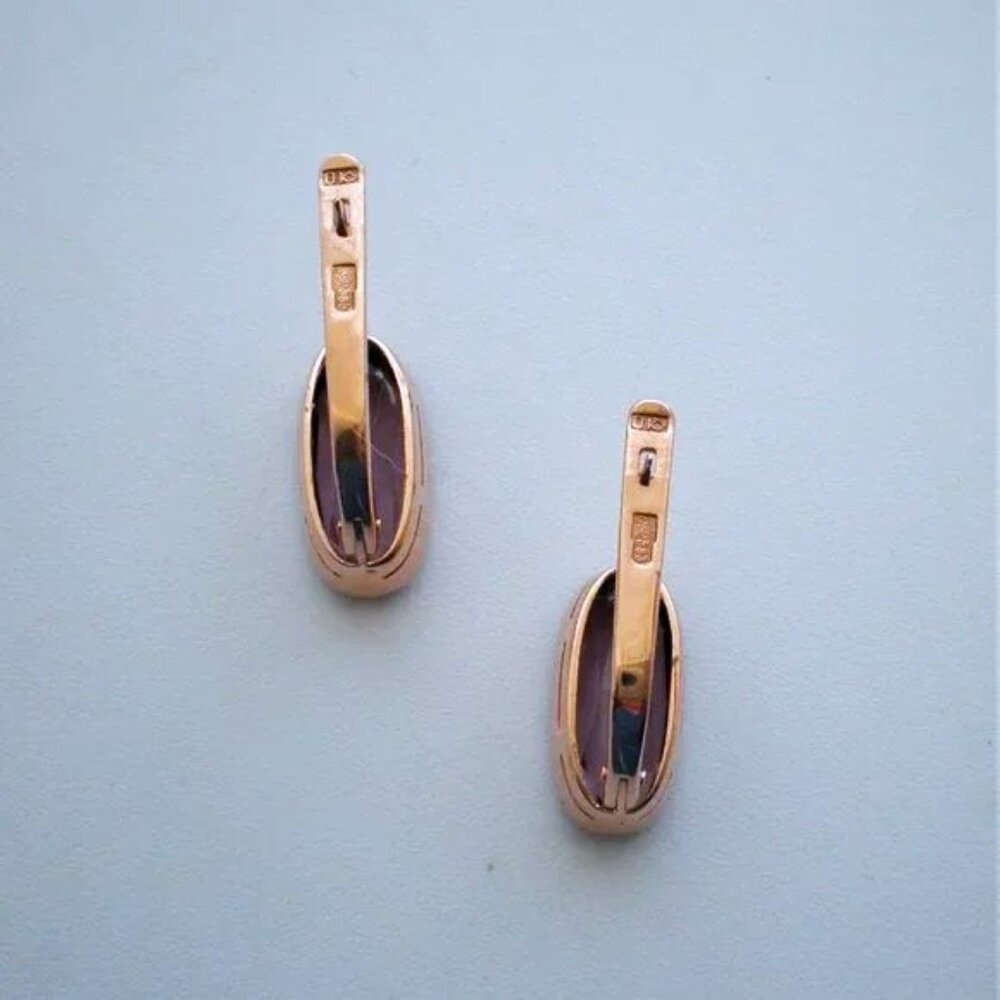 Vintage Russian Russia USSR 14K 583 Rose Pink Gold Alexandrite Dangle EARRINGS - Picture 6 of 8